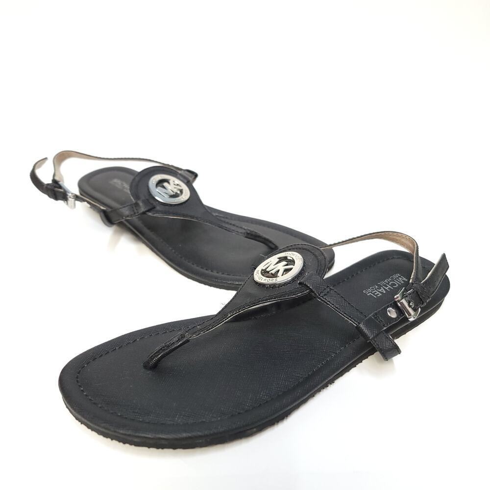 Michael Kors MK Sandal Size 7.5 Charm Thong Sandals Leather Sandals Flat Black​